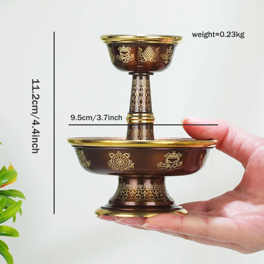 Pure copper Tibetan Tribute guardian cup, Eight-auspicious carved 2-layer Buddhism Holy water cup, Buddhist ornaments, 1 set