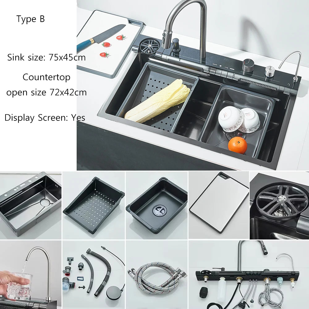 304Stainless Steel Large Single Bowl Waterfall Kitchen Sink with Integrated Digital Display Faucet Soap Dispenser and Cup Washer