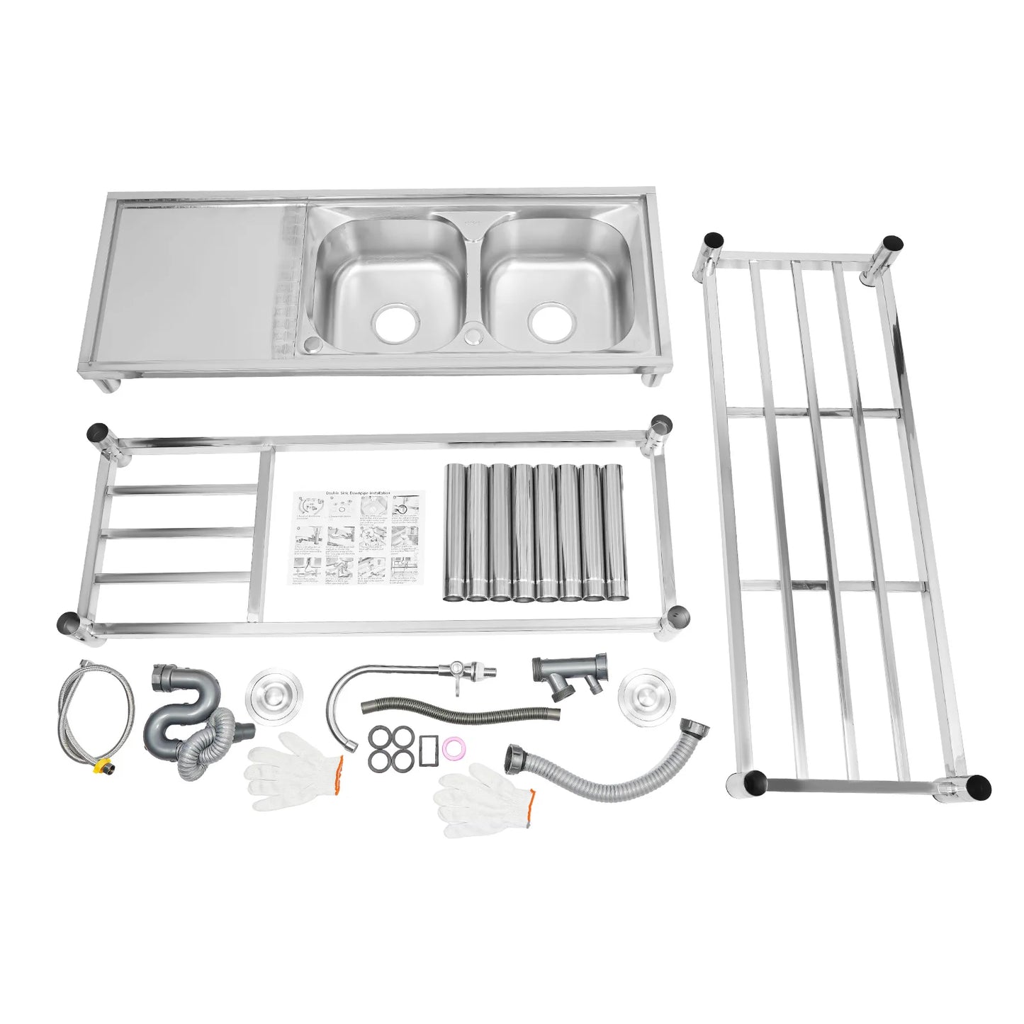 Commercial Sink Double Bowl Stainless Steel Sink Free-Standing Utility Sink Restaurant Kitchen Sink with Double Faucet Holes