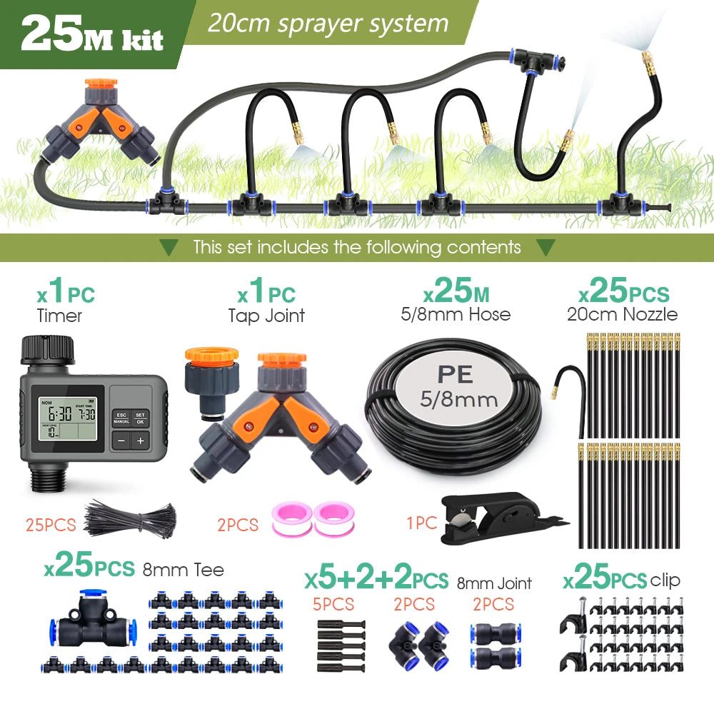Garden Programmable Timer Misting Cooling System 360° Free-bend Misting Nozzle Adjustable Atomizer Sprayer Outdoor Watering Kits