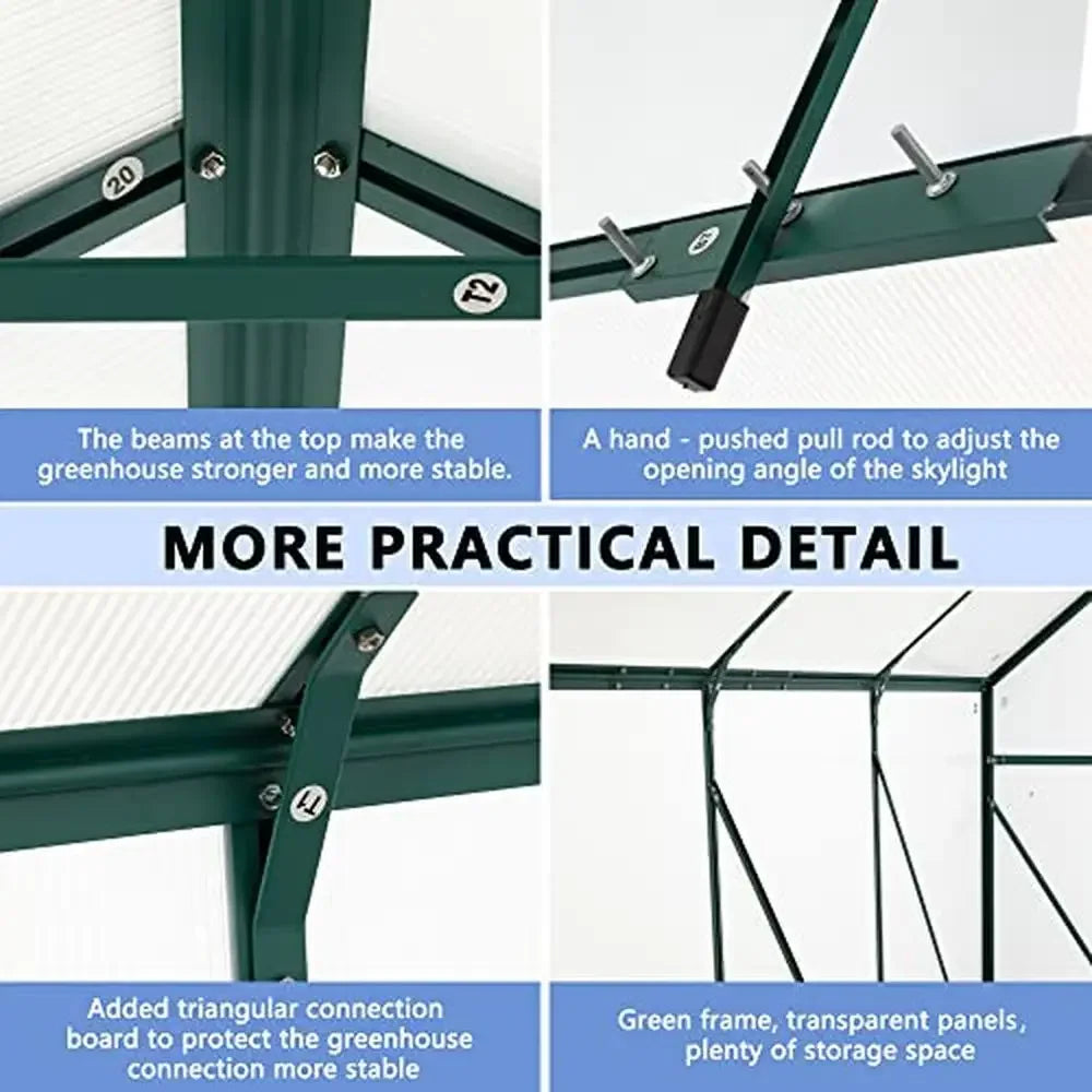 Heavy Duty Polycarbonate Greenhouse 6x8 FT Walk-in Hobby Storage Shed Sliding Doors Adjustable Roof Vent Snow Load 20 lbs