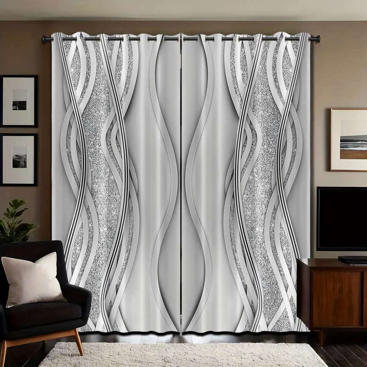2pcs Minimalist Style Curved Lines Art Print Perforated Blackout Curtains Multi Size Living Room Bedroom Insulation Decoration