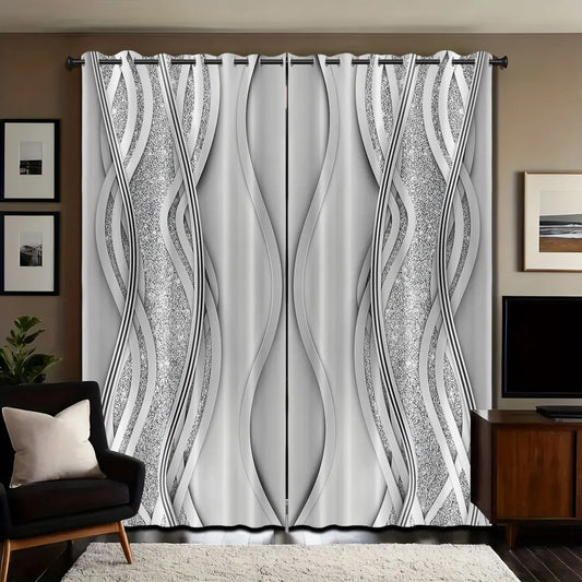 2pcs Minimalist Style Curved Lines Art Print Perforated Blackout Curtains Multi Size Living Room Bedroom Insulation Decoration