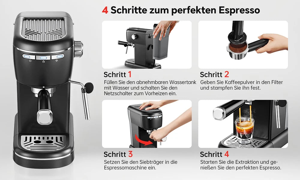 15 Bar 1.2L Removable Tank, Compact Cappuccino/Latte Maker, Stainless Steel, 1100W, Black Espresso Coffee Maker Machine