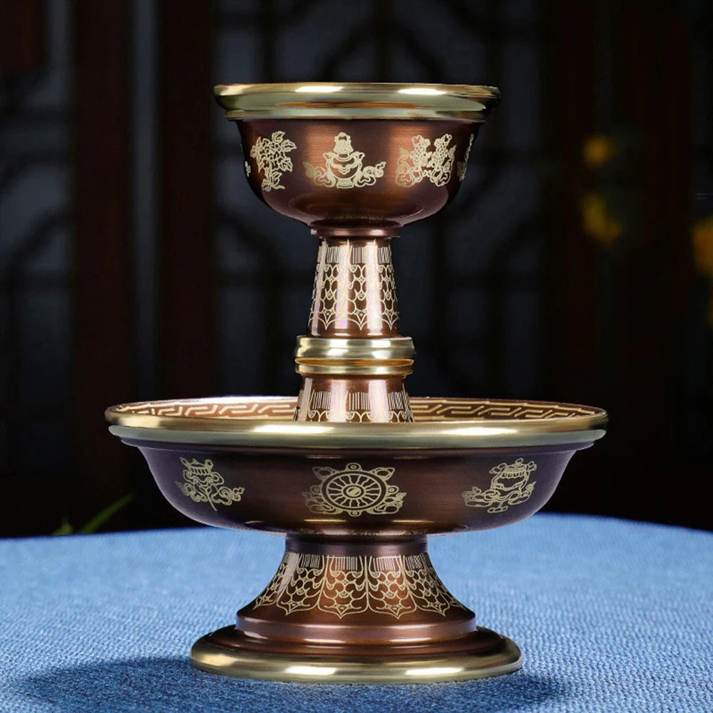Pure copper Tibetan Tribute guardian cup, Eight-auspicious carved 2-layer Buddhism Holy water cup, Buddhist ornaments, 1 set