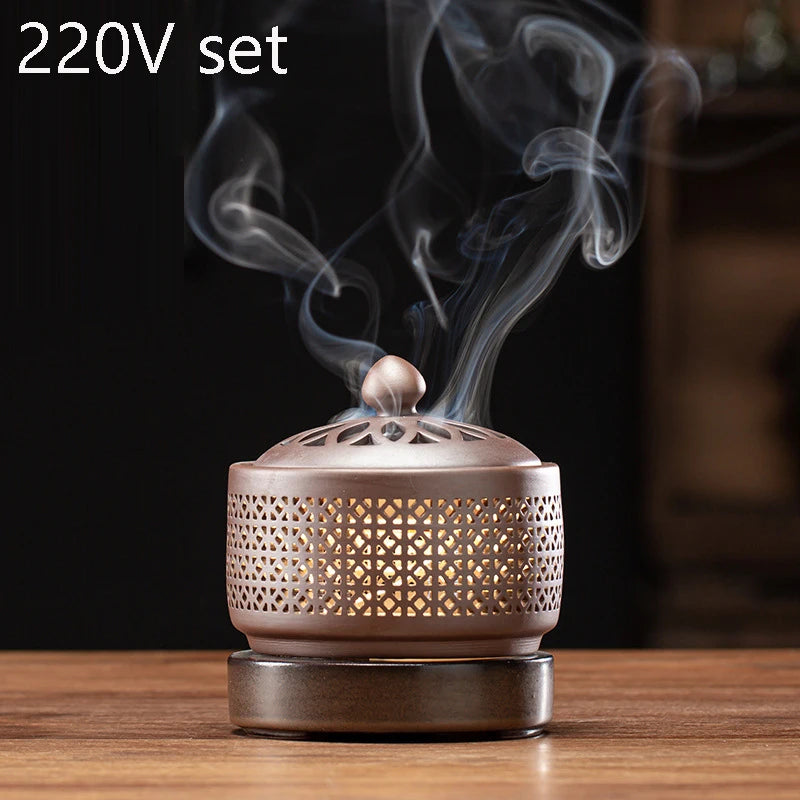 Sandalwood Timed Electronic Incense Burner Set 110V/220V OUD Essential Oil Night Light Household Tea Warmer Stove for Home Decor