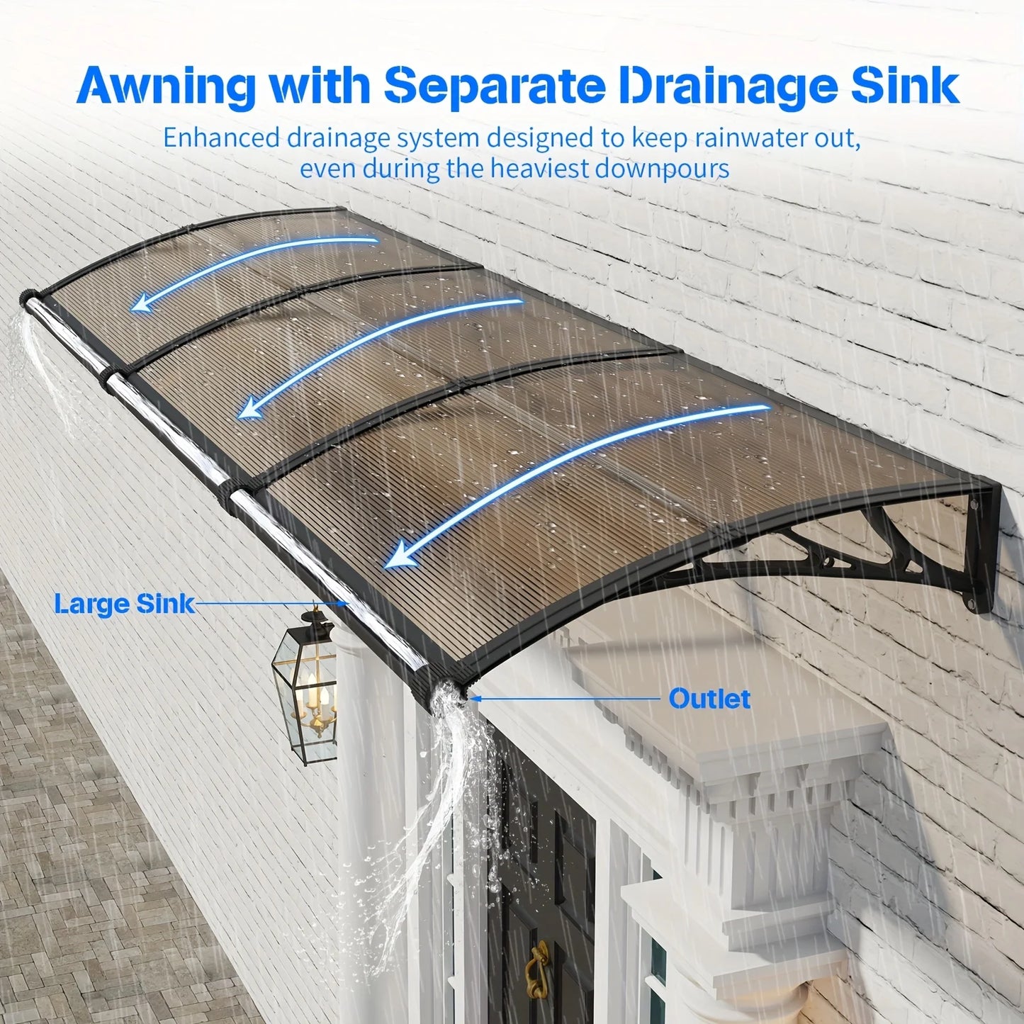 Large Polycarbonate Gutter Awning for Door Entrance Sun Shade and Rain Snow Protection Canopy for Patios and Yards Brown Board