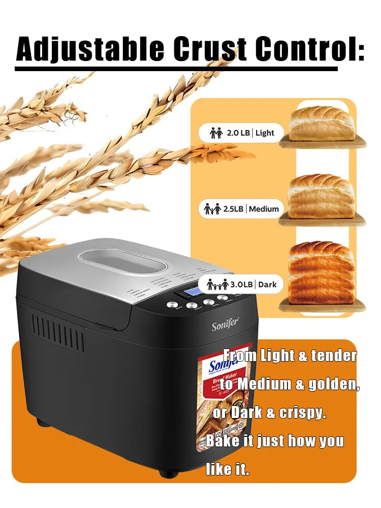 Sonifer 1500g Automatic Bread Maker SF-4025, Dual Kneading Hooks, 15 Programs, 15H Timer, 3 Crust Settings, Keep Warm