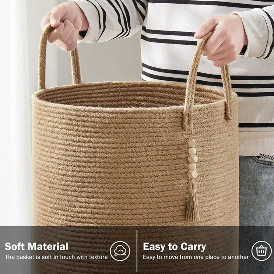 Large Storage Basket Tall Woven Decorative Laundry Hamper with Handles Foldable Cotton Rope for Clothes Kids Toys Living Room