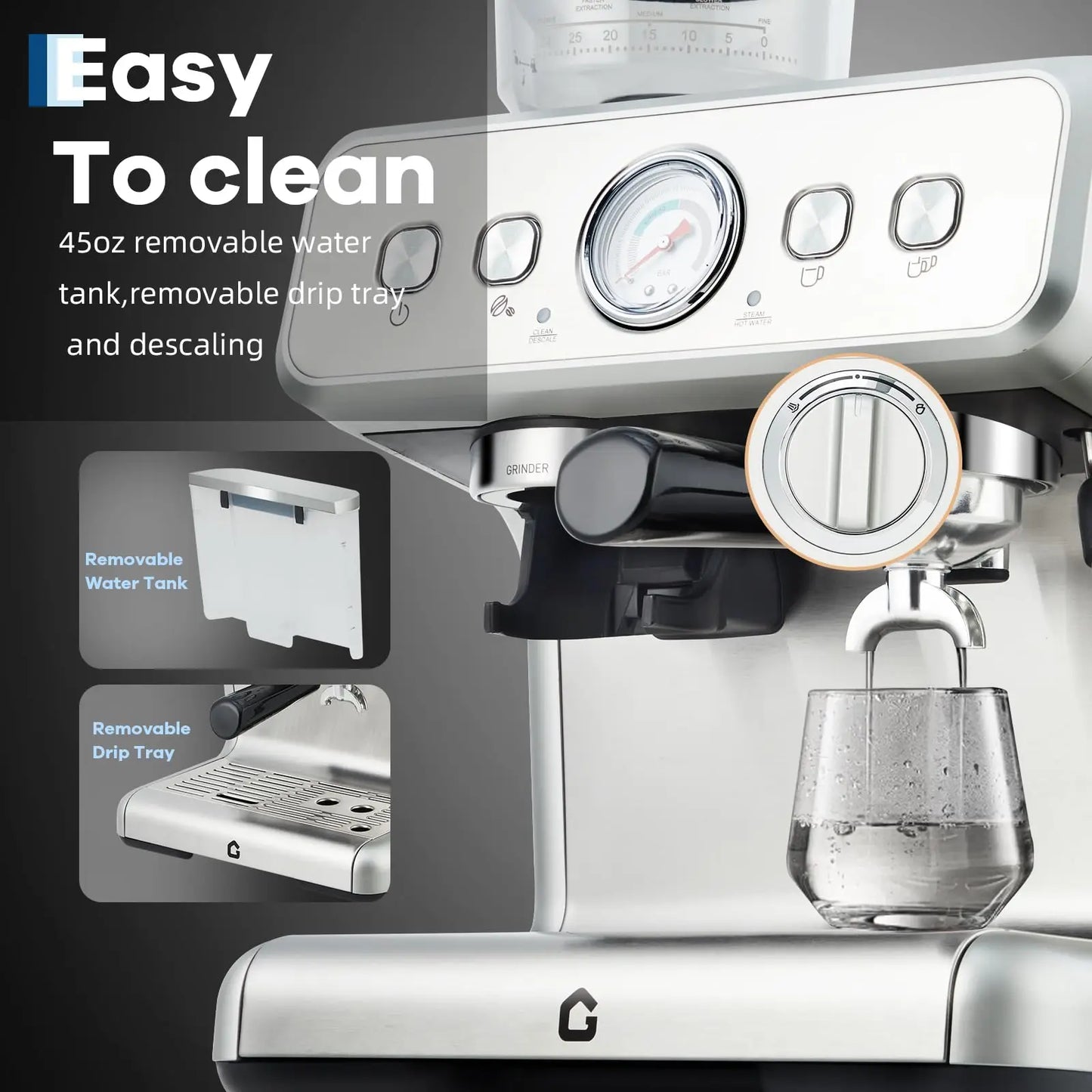 20 Bar Stainless Steel Espresso Machine With Grinder & Milk Frother 2.8L Removable Tank Adjustable Shot Volume For Home Office