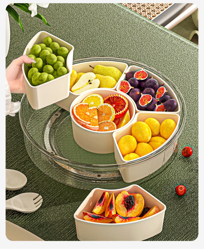 Rotating Snack Tray with Lid and Handle Fruit and Vegetable Tray Stackable Snack Box Containers Outdoor Party Snack Storage Box