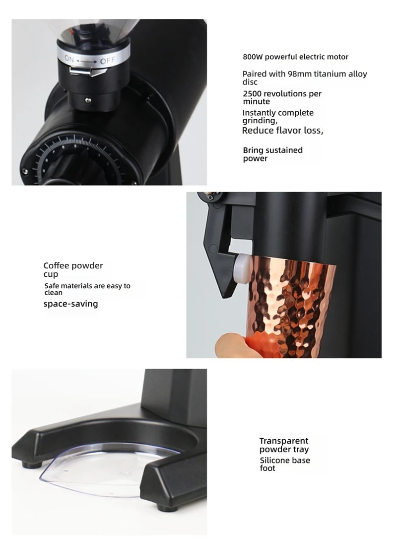 CAFOVO G198F Commercial Electric Grinder 98mm Titanium Coated Flat Burr 160 Settings 2500RPM 1000W Quantitative Coffee Miller