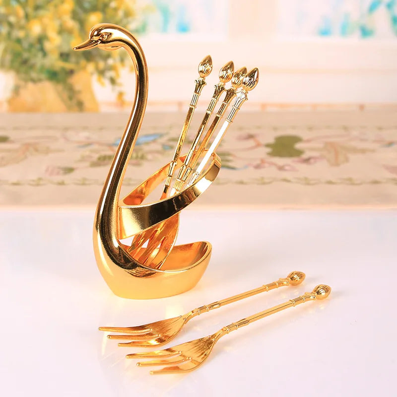 Creative Dinnerware Set Swan Base Holder Decorative Stainless Steel with 6 Spoons for Coffee Fruit Dessert Stirring Mixing