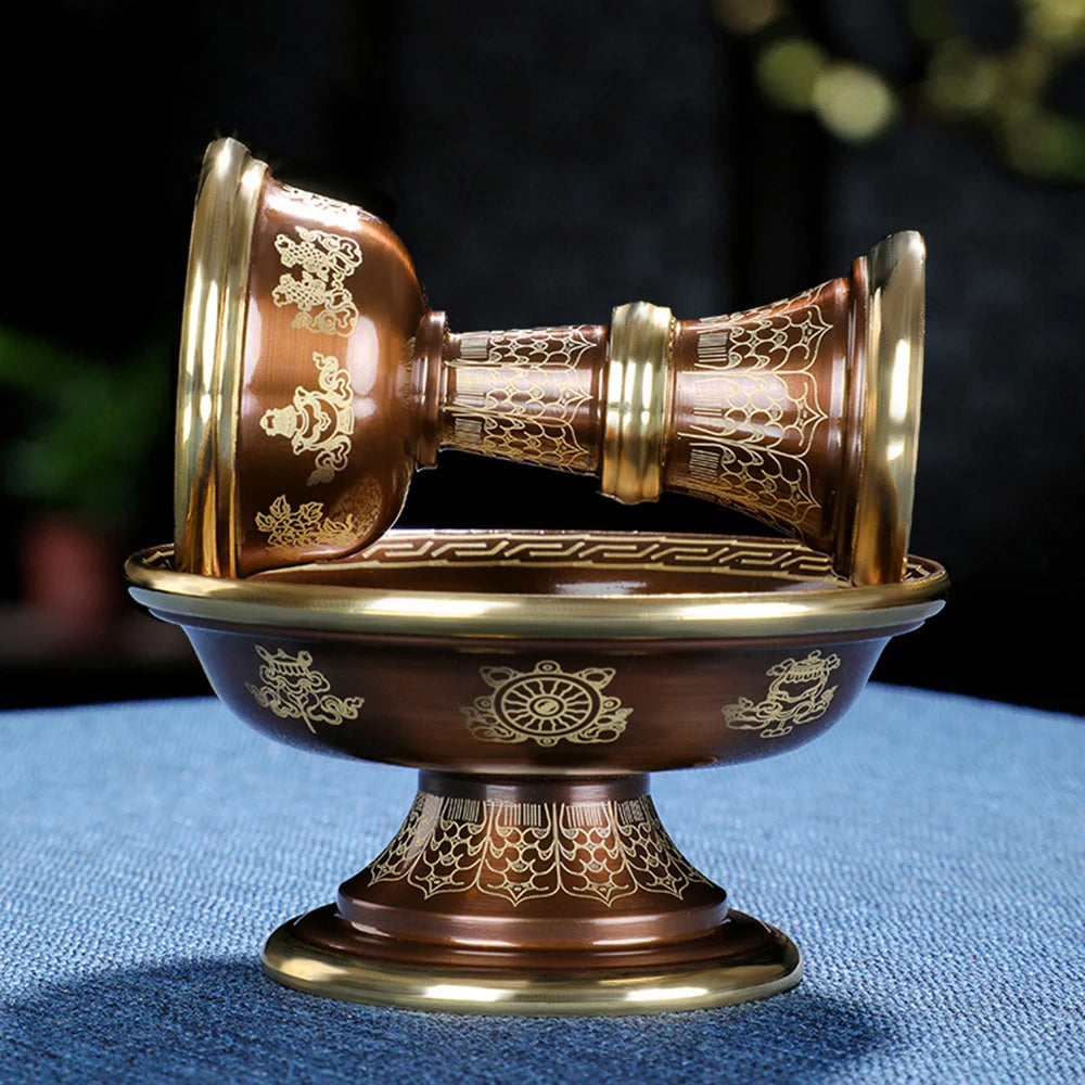 Pure copper Tibetan Tribute guardian cup, Eight-auspicious carved 2-layer Buddhism Holy water cup, Buddhist ornaments, 1 set