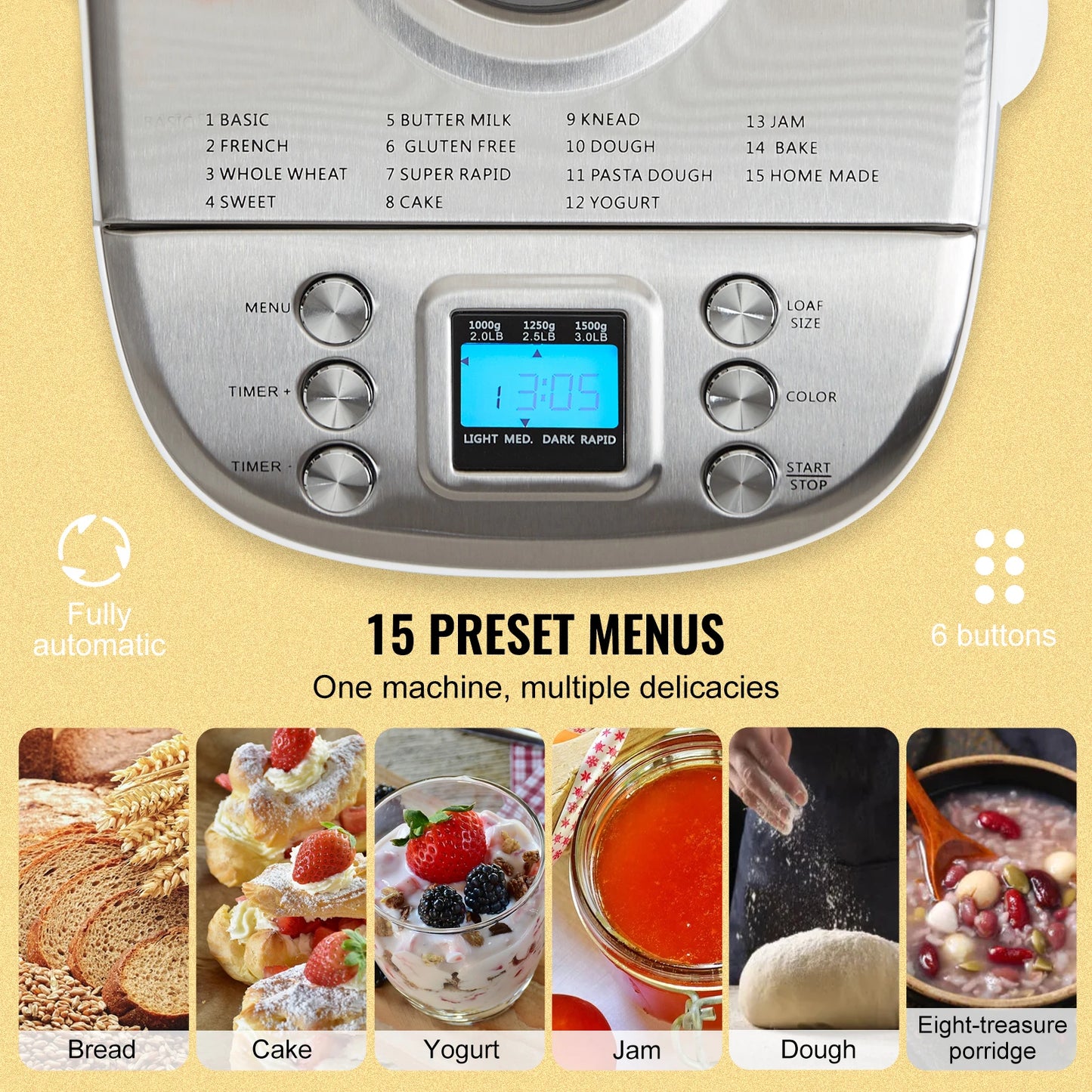 SucceBuy 2/3 LB Bread Maker 15-in-1 Dough Machine Nonstick Ceramic Pan Automatic Bread maker with Gluten Free Setting