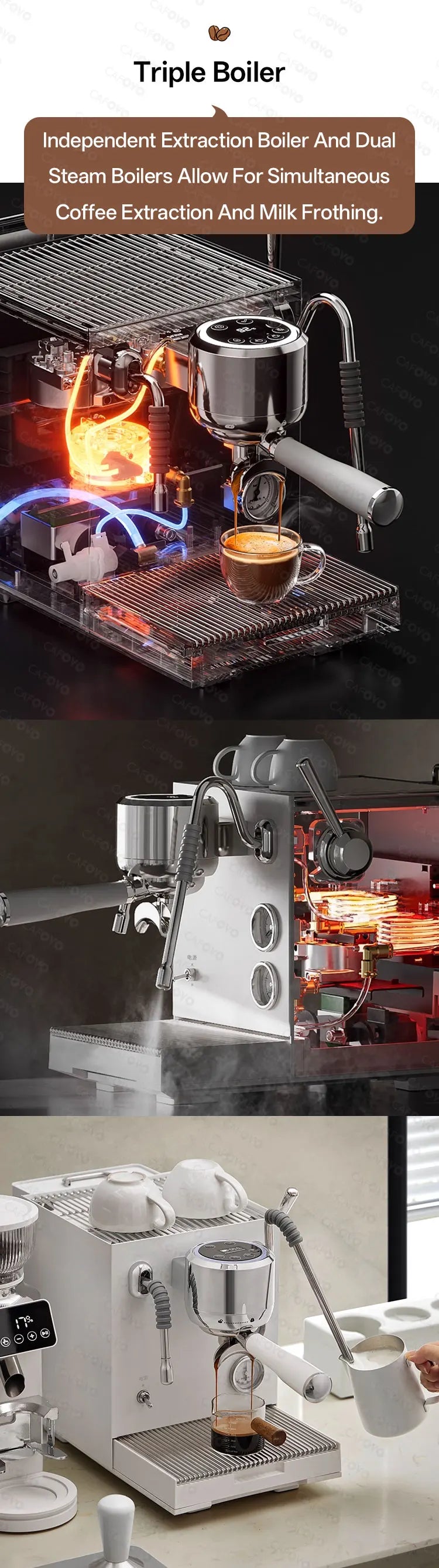 CAFOVO E120 Semi-automatic Espresso Machine ULKA Pump 9Bar OPV System Dual Boiler with OLED Display for Cafe Coffee Maker 220V