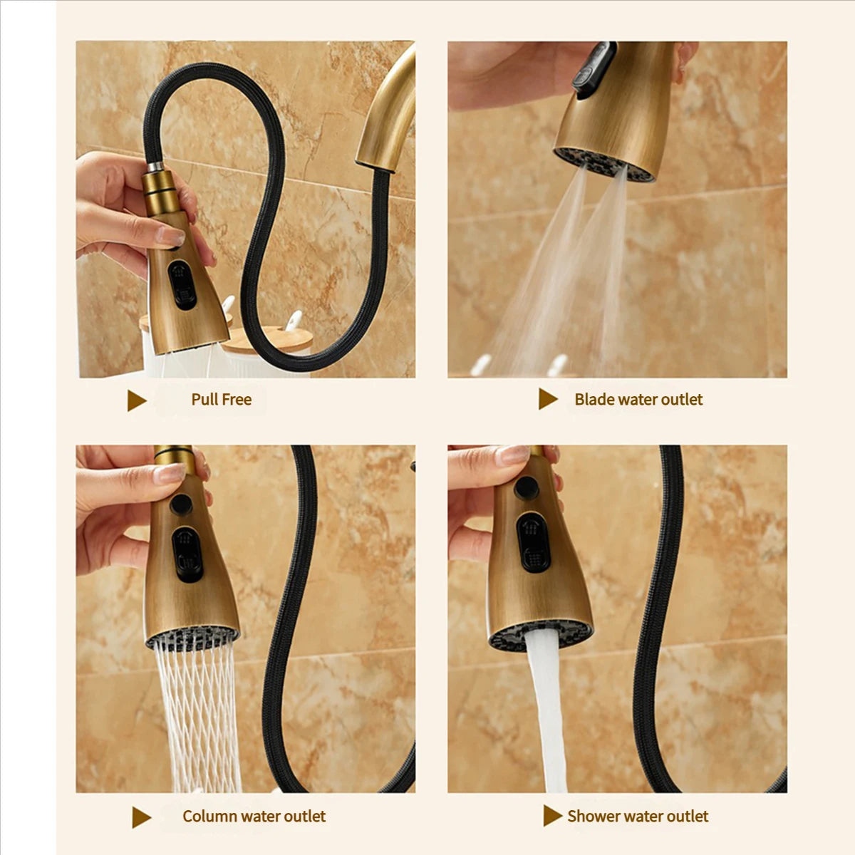 Gold Brass Pull-out Rotating Kitchen Faucet with 360° Swivel - Classic Sink Faucet for Modern Kitchen, Durable Water Faucet
