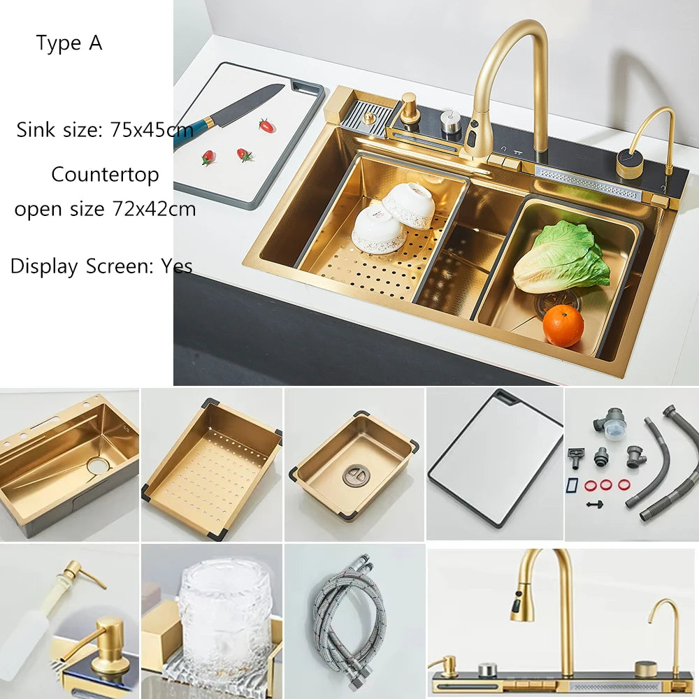 304Stainless Steel Large Single Bowl Waterfall Kitchen Sink with Integrated Digital Display Faucet Soap Dispenser and Cup Washer