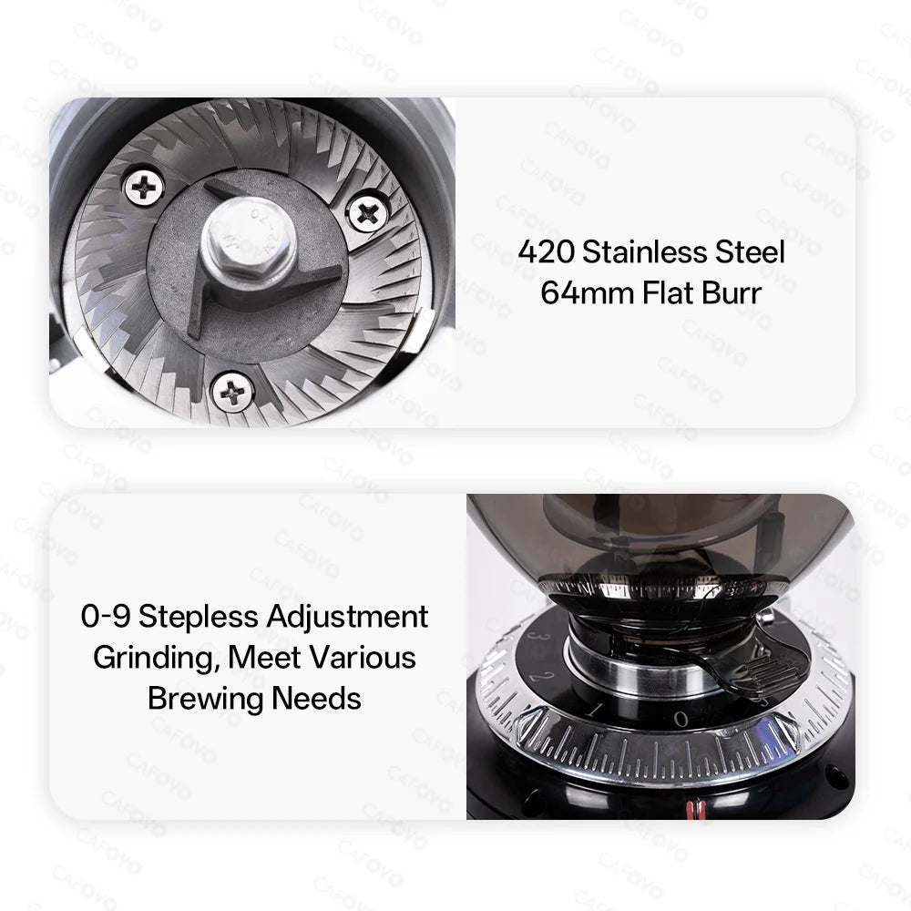 CAFOVO G264F 64mm Flat Burr Coffee Grinder with Digital Timer for Espresso Static-Free Single-dose Grinder Coffee Mill