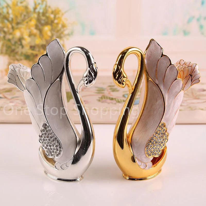 Creative Dinnerware Set Swan Base Holder Decorative Stainless Steel with 6 Spoons for Coffee Fruit Dessert Stirring Mixing