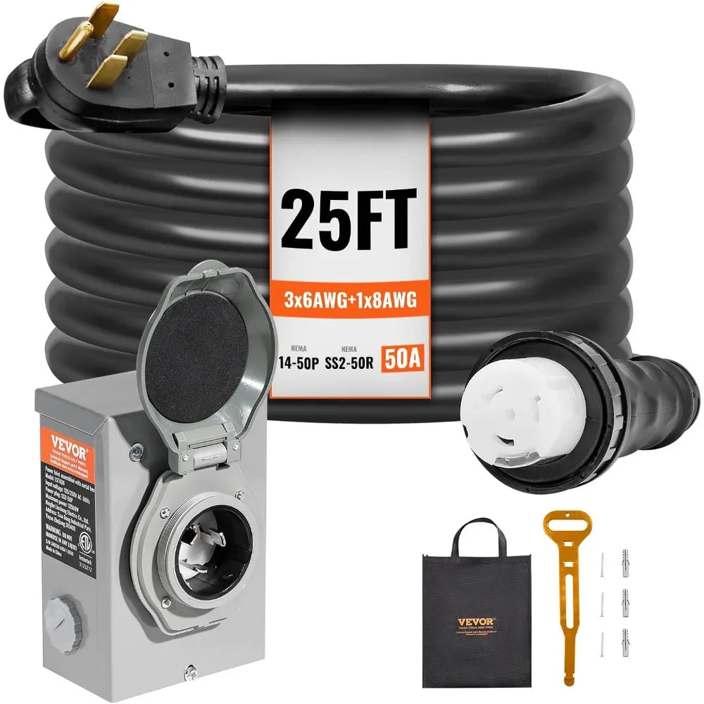 25-Foot VEVOR 50 Amp Generator Cord and Power Inlet Box Kit with NEMA 14-50P/SS2-50R STW 6/3+8/1 AWG Extension Cord