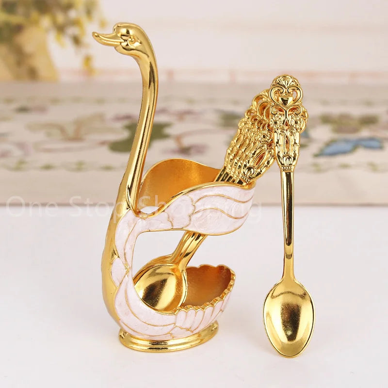 Creative Dinnerware Set Swan Base Holder Decorative Stainless Steel with 6 Spoons for Coffee Fruit Dessert Stirring Mixing