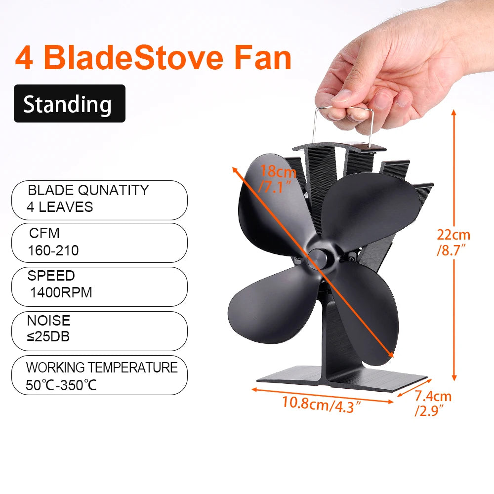 4 Blade Heat Powered Stove Fan Black Fireplace komine Log Wood Burner Eco Friendly Quiet Fan Home Efficient Heat Distribution