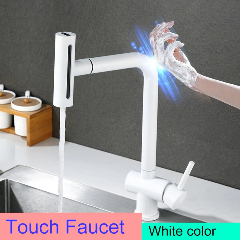 White Touch Kitchen Sink Faucets Hot Cold Pull Out Kitchen Sink Mixer Tap 304 Stainless Steel Sensor Touch on Kitchen Faucet