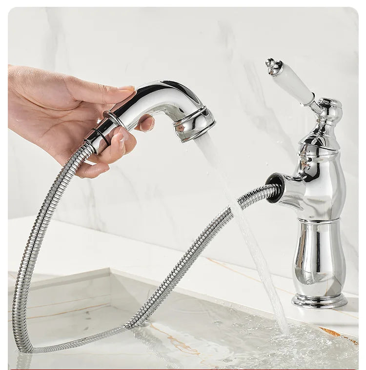Gold Bathroom Ceramic handle Basin Faucets Pull Out Mixers Sink Faucet Washbasin Taps Water Tap Tapware Crane Brass Material