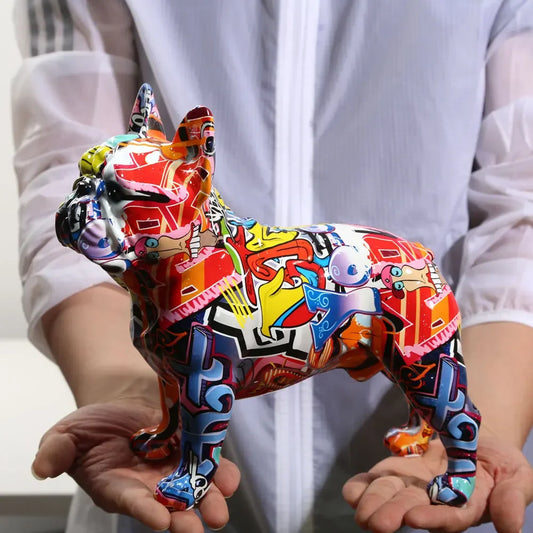 Modern Colorful French Bulldog Statue Vibrant graffiti-style resin sculpture – bold, contemporary, and full of personality. Ideal for office desks, home decor, retail displays, or custom printing projects.