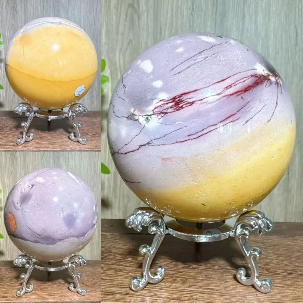 Natural Mookaite Geode Crystal Sphere – Unique Décor Raw cracked stone design with stand. Perfect for home décor, Reiki energy, and meaningful gift ideas.