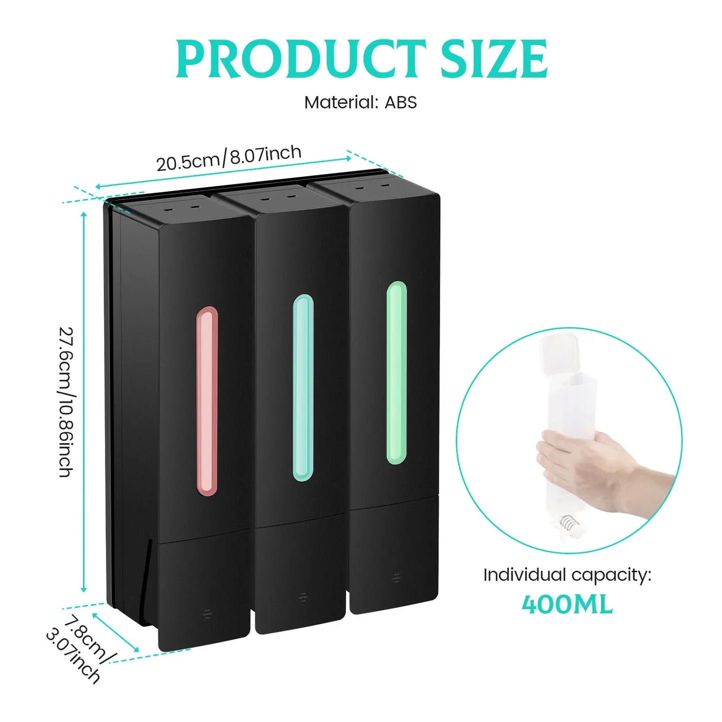 400ML Soap Dispenser Wall Mounted 3 Chamber Shower Soap Dispenser Adhesive Shampoo Conditioner Dispenser Bathroom Accessories