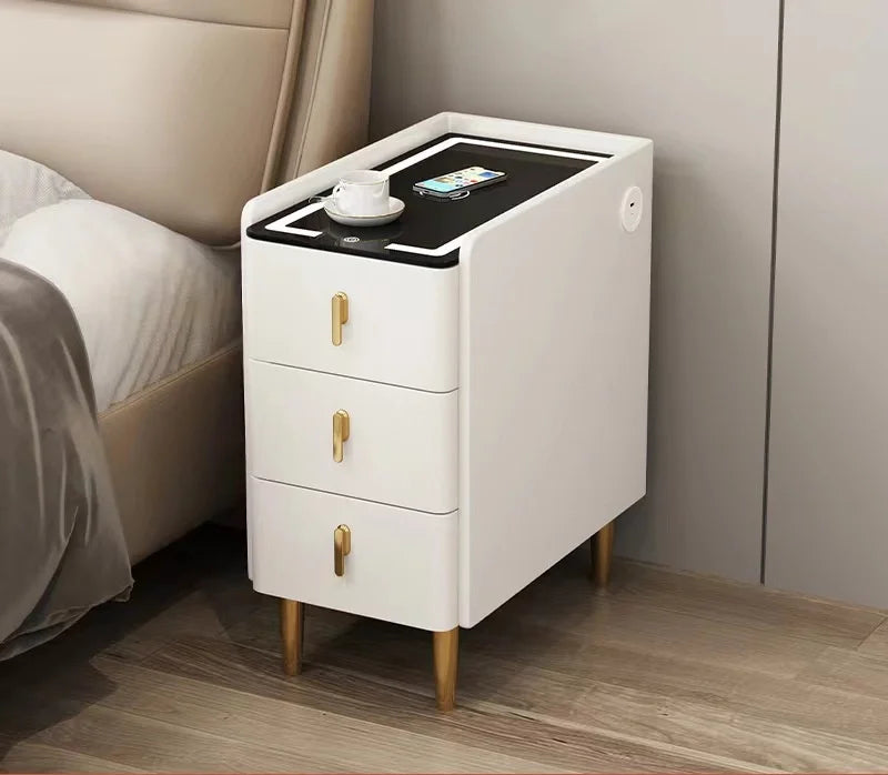 Smart Bedside Table, Solid Wood with Faux Leather Features 3 drawers, wireless charging, and side storage. Stylish and functional nightstand for modern bedrooms.
