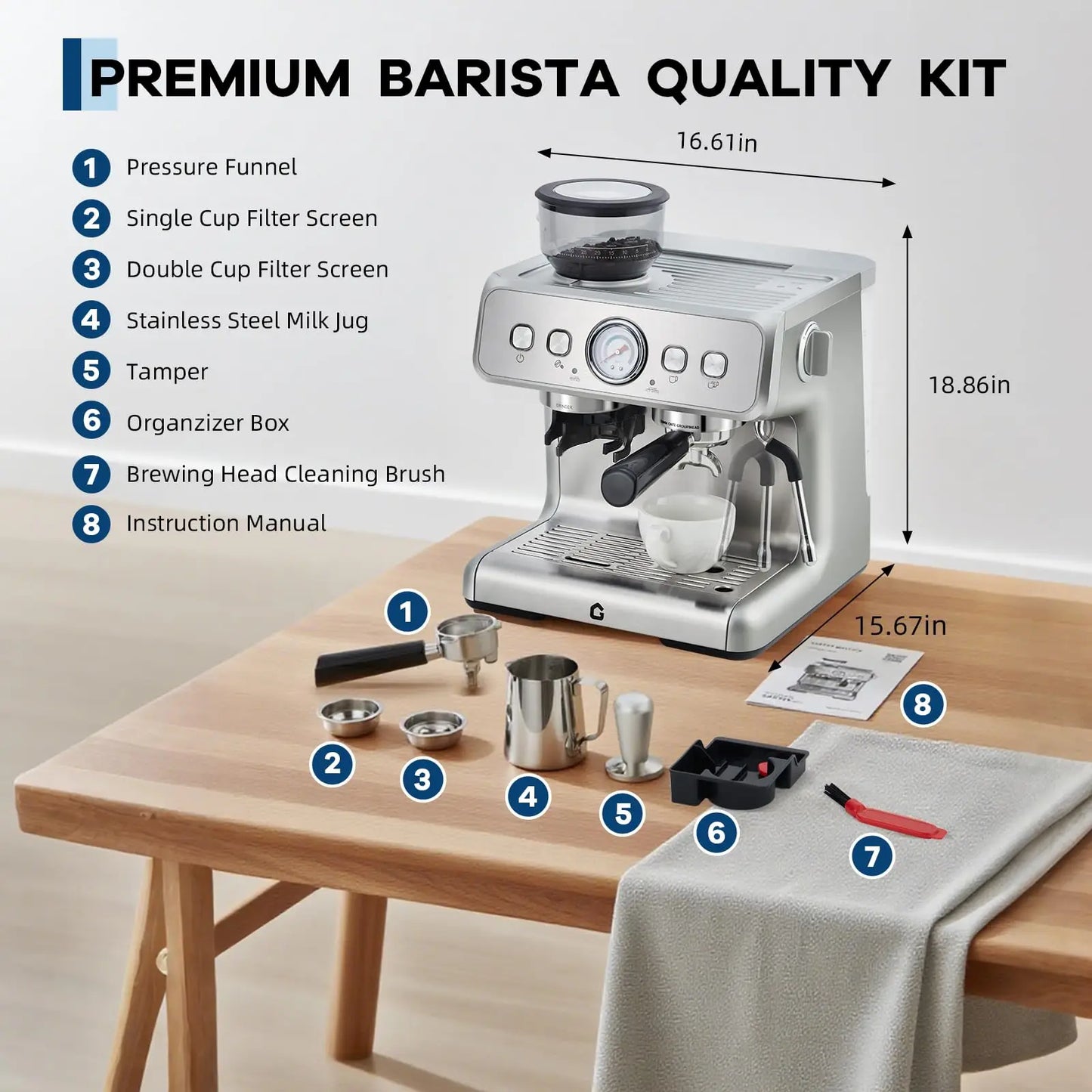 20 Bar Stainless Steel Espresso Machine With Grinder & Milk Frother 2.8L Removable Tank Adjustable Shot Volume For Home Office