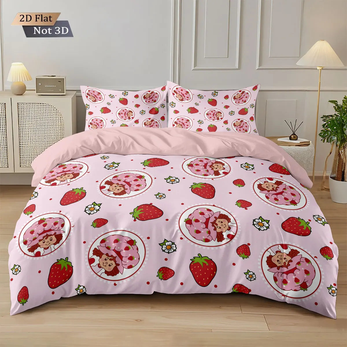 3pcs Pink Strawberry Girl Printed Down Duvet Cover Set, Multi Size Bedroom Bedding Decoration, Machine Washable