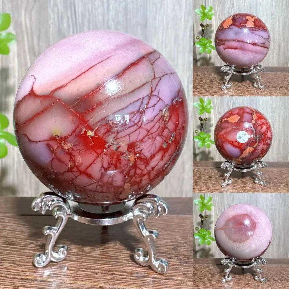 Natural Mookaite Geode Crystal Sphere – Unique Décor Raw cracked stone design with stand. Perfect for home décor, Reiki energy, and meaningful gift ideas.
