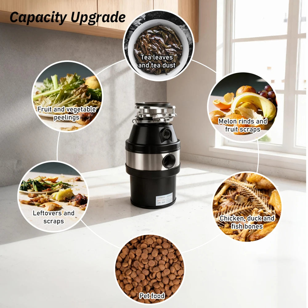 Electric Kitchen Food Waste Disposer – Heavy-Duty Under-sink garbage disposal unit with 220V, 550W power. Efficiently grinds food waste for easy kitchen cleanup.