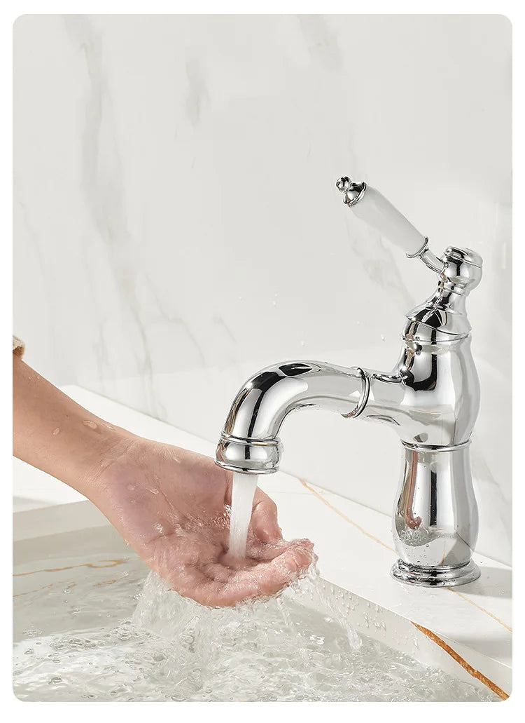 Gold Bathroom Ceramic handle Basin Faucets Pull Out Mixers Sink Faucet Washbasin Taps Water Tap Tapware Crane Brass Material