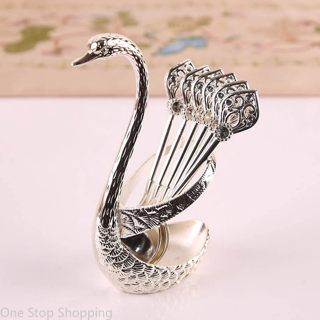 Creative Dinnerware Set Swan Base Holder Decorative Stainless Steel with 6 Spoons for Coffee Fruit Dessert Stirring Mixing