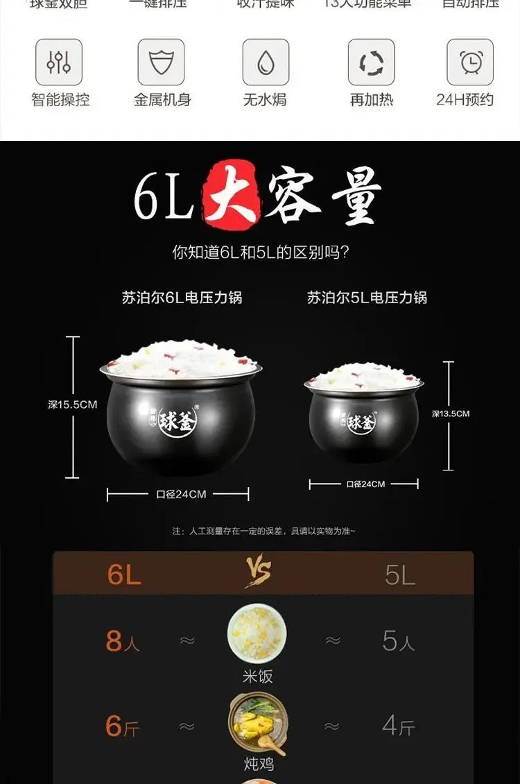 Supor Electric Pressure Cooker High Pressure Cooker Household Double Tank 6L Large Capacity Multi-function 5-8 People