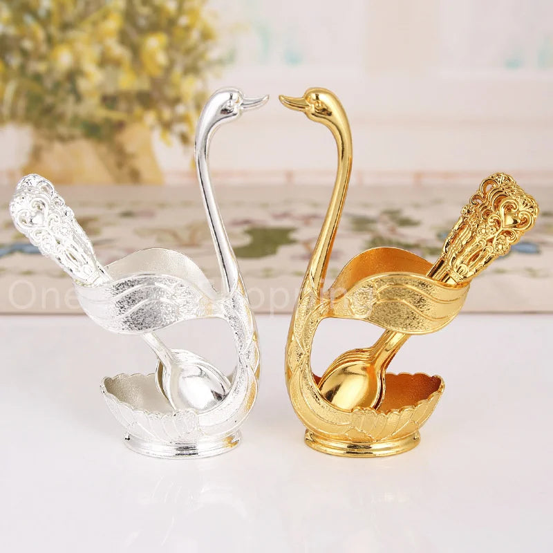 Creative Dinnerware Set Swan Base Holder Decorative Stainless Steel with 6 Spoons for Coffee Fruit Dessert Stirring Mixing
