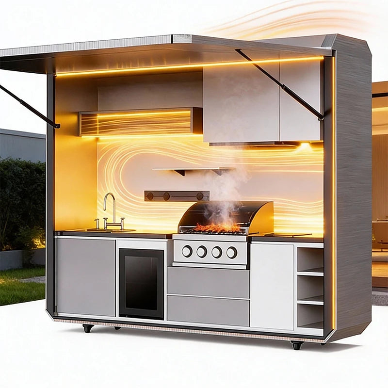 Backyard gourmet social center, smart temperature-controlled outdoor kitchen, waterproof, sunproof, and portable.