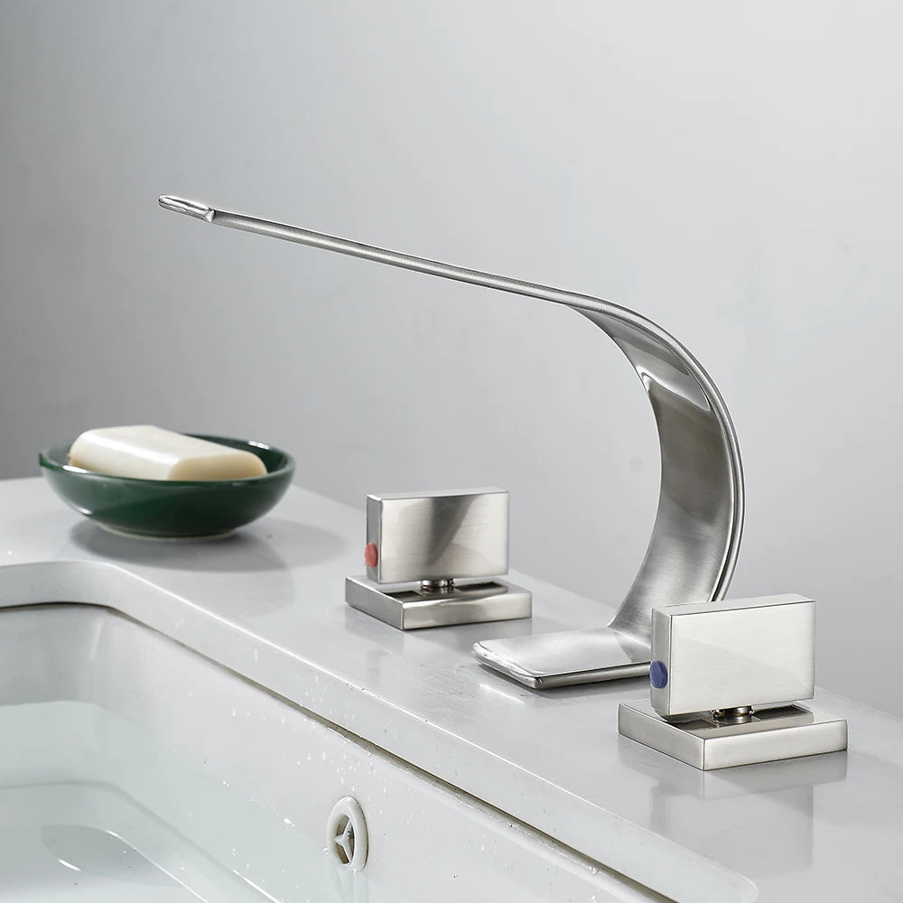 BAKALA 3 Pieces Brush And Gold Deck Mounted Waterfall Wide Spout Double Handles Bath Bathtub Faucet Bathroom Mixer Tap