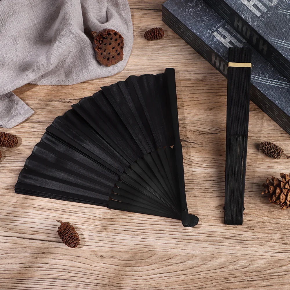 8.27"(21cm) Black Silk Folding Fan Chinese Style Hand Held Bamboo Fans Ribs Home Party Decoration Dance Props Desktop Ornament
