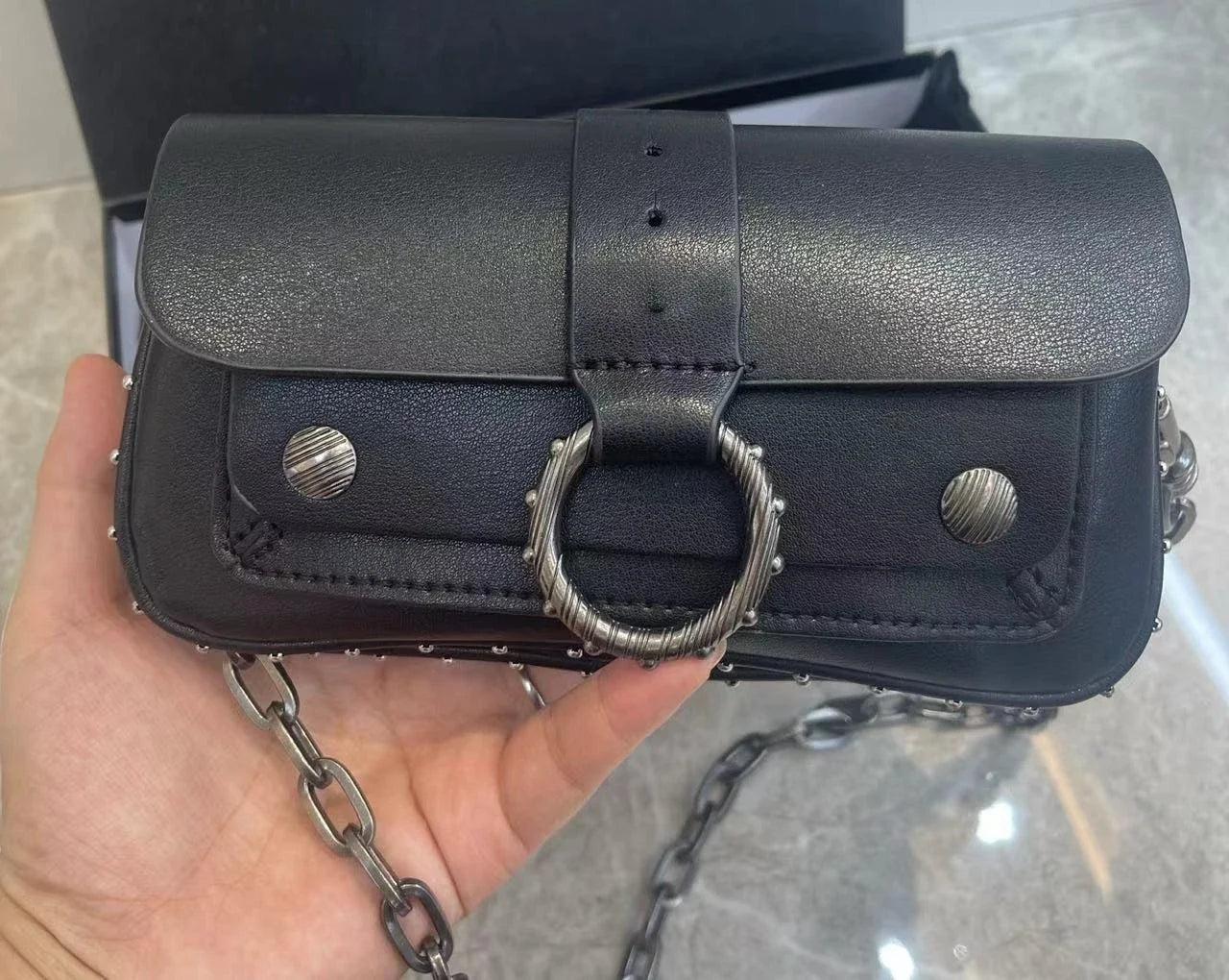 Multi-Color French Design Mini Waist Bag Classic Rivet Style Chic round design with a simple, versatile look. Compact and stylish, perfect for everyday wear.