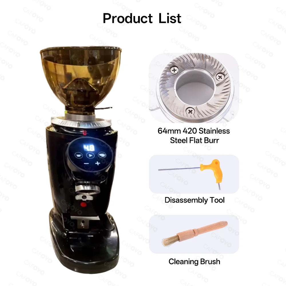 CAFOVO G264F 64mm Flat Burr Coffee Grinder with Digital Timer for Espresso Static-Free Single-dose Grinder Coffee Mill