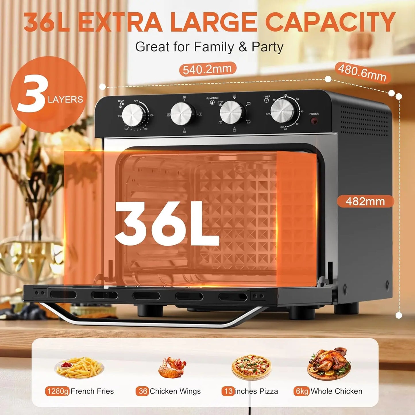 Karinear 36L Air Fryer Oven, 1700W Stainless Steel Airfryer 10 in 1 Countertop Oven, Double-layered Glass Door, Accessory Set