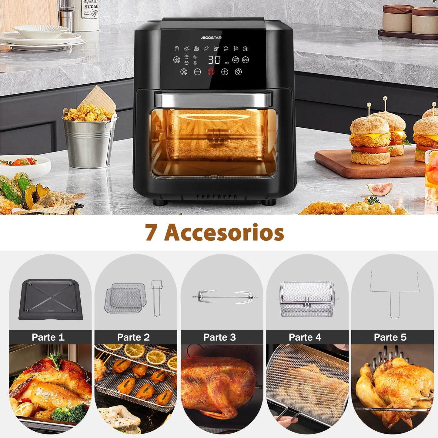 Aigostar Owen 12 Litre Air Fryer Multifunction 1700W LED Touch Screen 8 Preset Modes Includes 7 Accessories Rotary System BPA FR