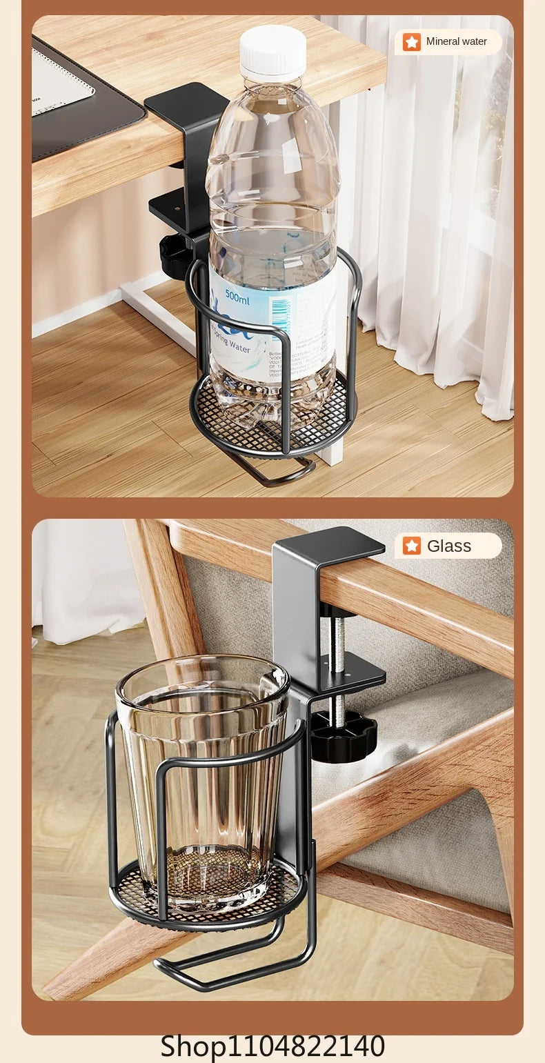 2 in 1 No Drill Desk Cup Holder Adjustable Upgraded Arm Clamp Stand 360 Degree Rotating Table Edge Clamp Anti-Fall Cup Holder
