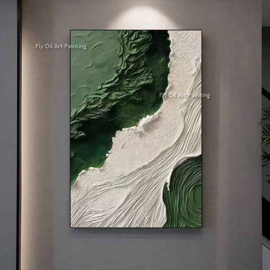 Simple Design Hand Drawn Brown And White Abstract Seawaves Thick Oil Painting On Canvas Green Beige Waves Wall Art For Decor